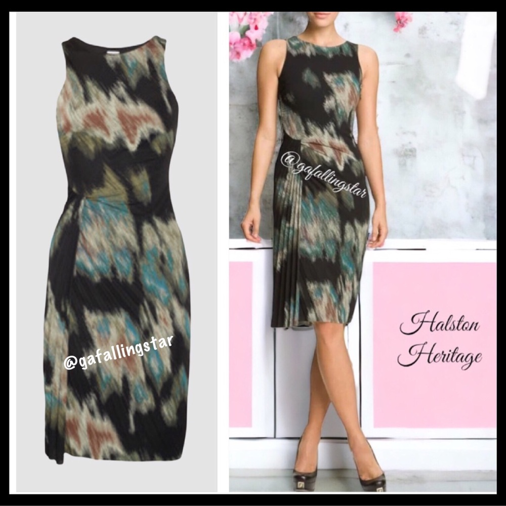 HALSTON Heritage Dark Ocean Sleeveless Pleated Dress